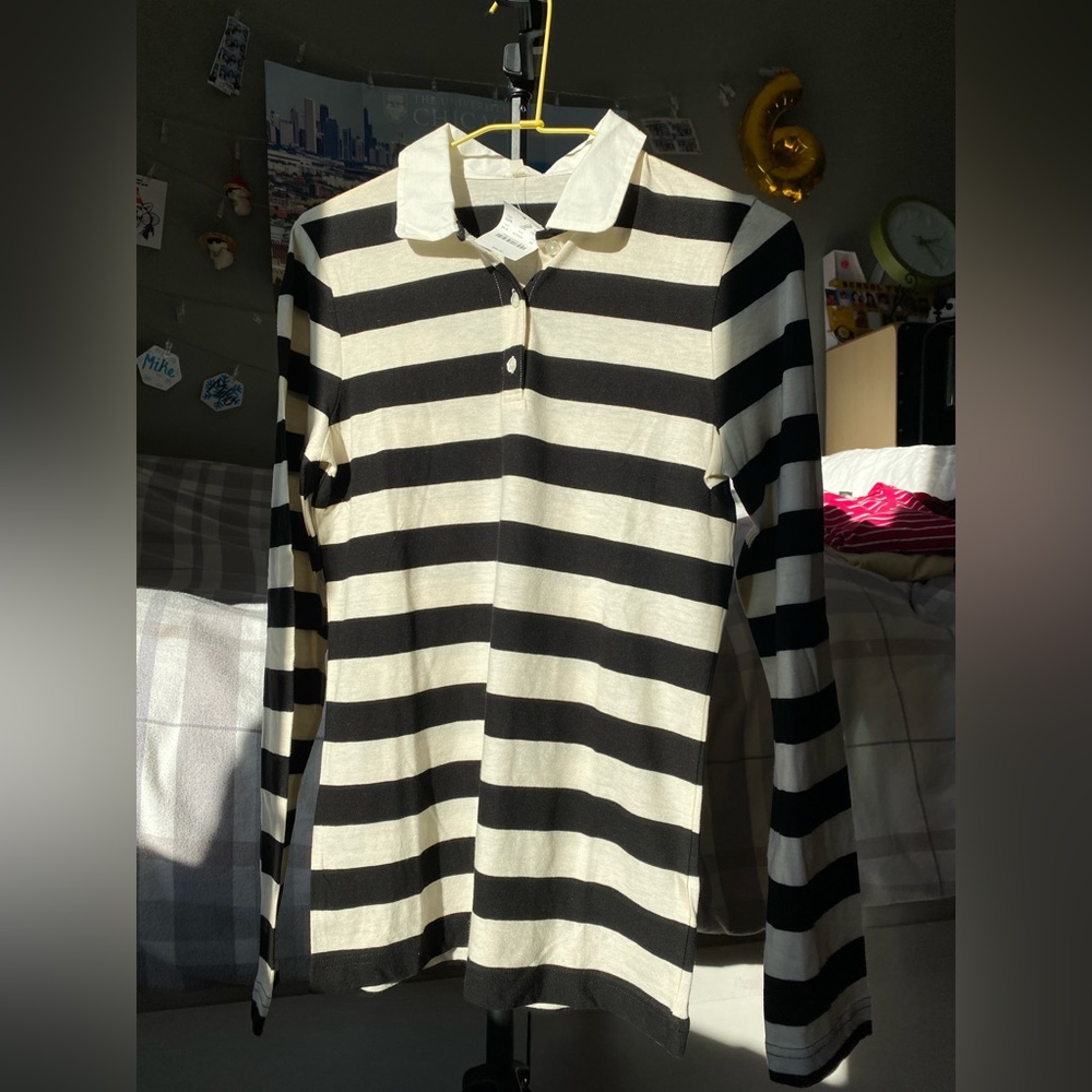 J.Crew Women's Long Sleeve Polo Top (Black/White, M)